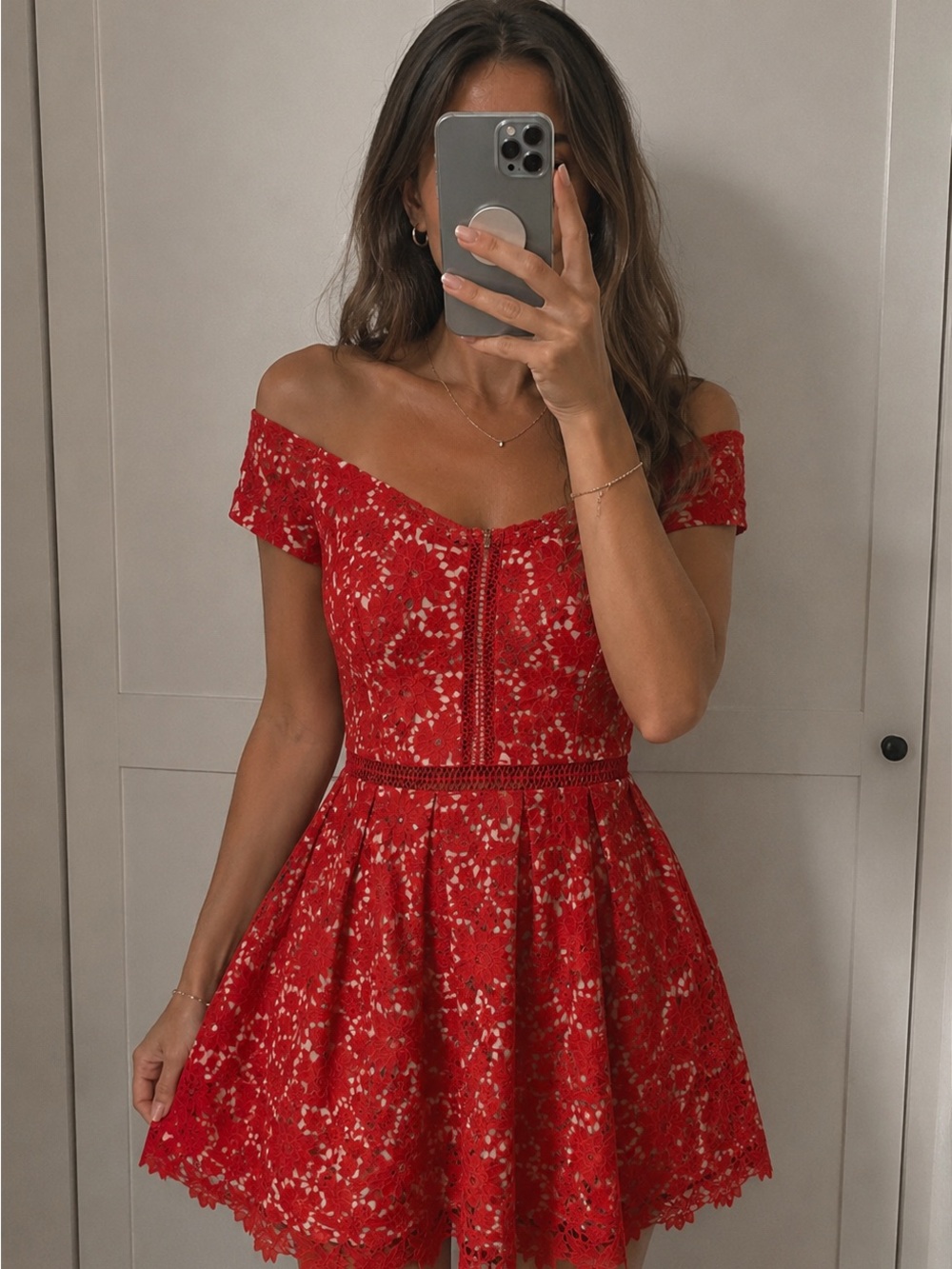 Francesca's Collections Red Off-Shoulder Lace Dress